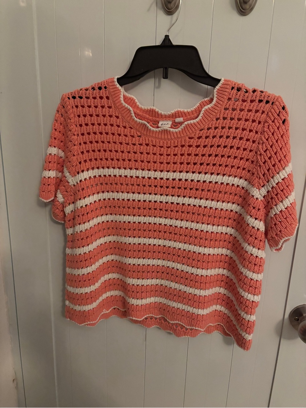 GAP Coral and Cream Striped Waffle Knit Short Sleeve Top